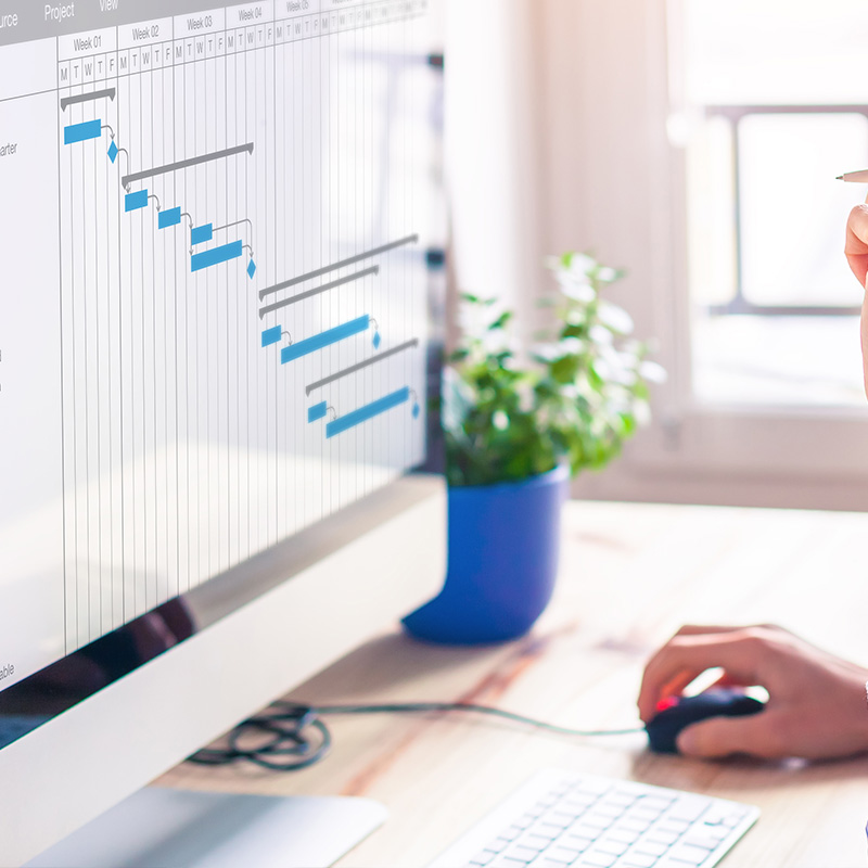Person arbeitet an einem Computer mit einem Gantt-Diagramm auf dem Bildschirm.